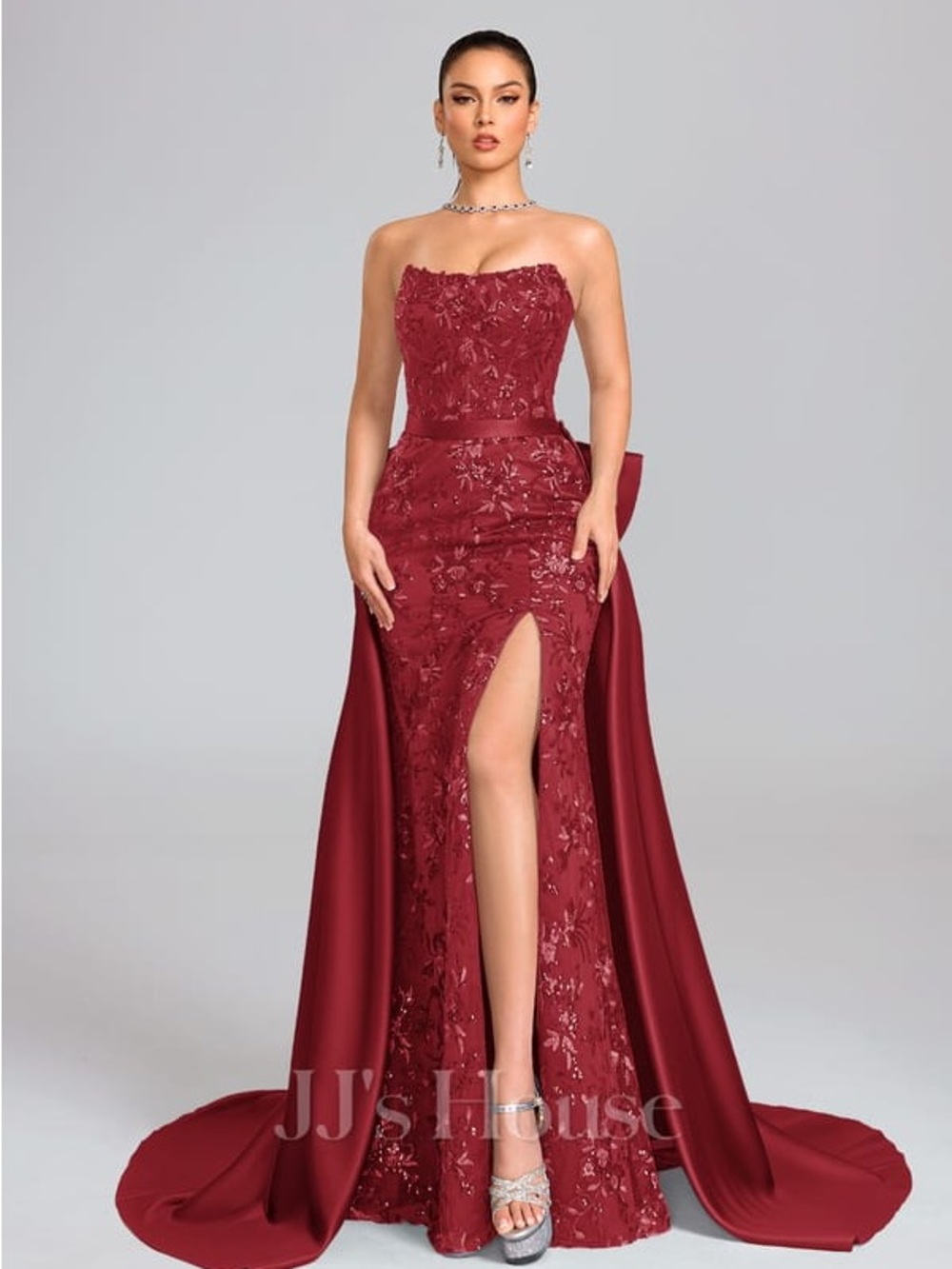 JJs House Strapless Burgundy Evening Gown